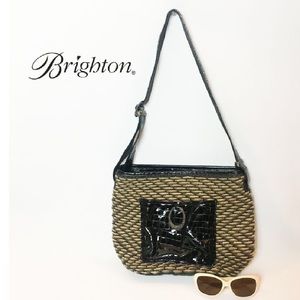 BRIGHTON Leather Straw Patent Woven Shoulder Bag